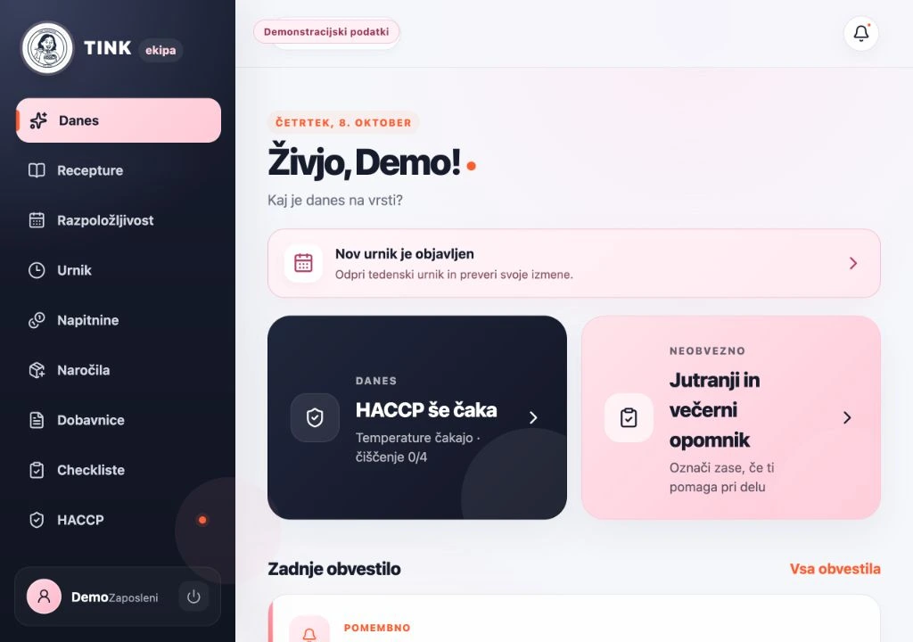 TINK Ekipa: domači pregled z obvestilom o urniku in dnevnimi HACCP nalogami; demonstracijski podatki