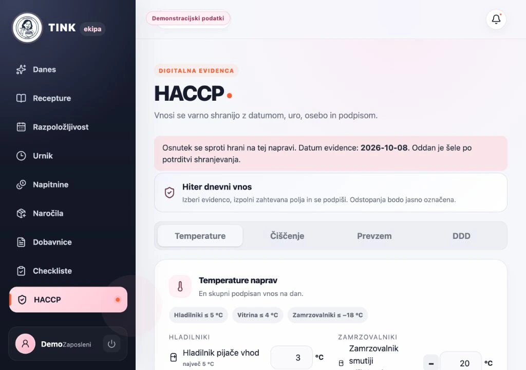 Digitalni obrazec za vnos temperature v aplikaciji Tink Ekipa